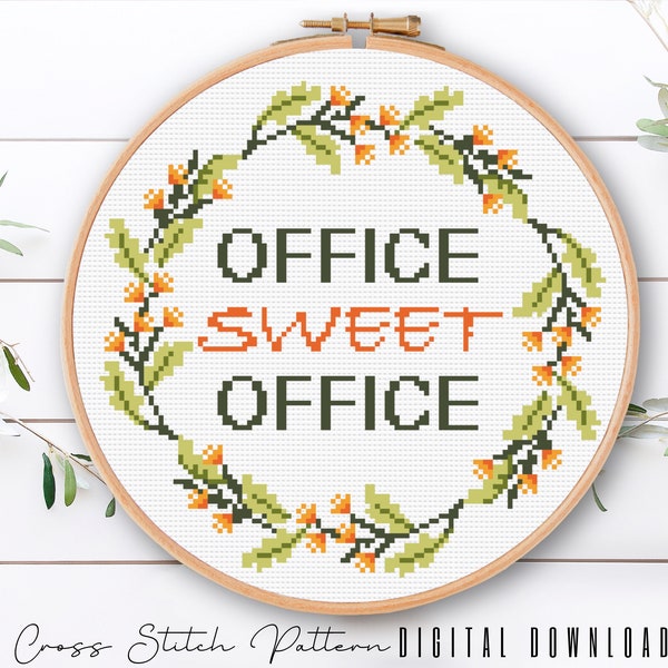 Office Sweet Office Cross Stitch Pattern, Modern Counted Cross Stitch Sampler, Floral Embroidery, Hoop Art, Home Decor, Digital Download