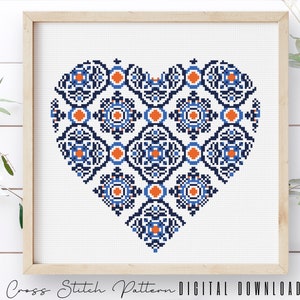 Padrão de ponto cruz em formato de coração, amostra de ponto cruz contado de dia dos namorados, bordado floral moderno, arte de aro de amor, download digital de PDF