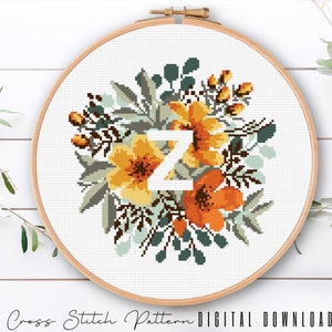 Letra floral Z, padrão de alfabeto em ponto cruz, monograma com flor, amostrador de ponto cruz contado, bordado inicial, download digital PDF