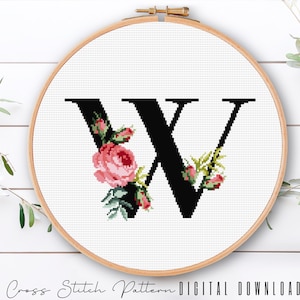 Floral Letter W, Cross Stitch Alphabet Pattern, Monogram With Flower, Counted Cross Stitch Sampler, Initial Embroidery, Digital Download PDF