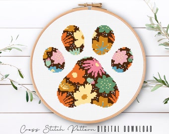 Dog Paw Cross Stitch Pattern, Silhouette Counted Cross Stitch Sampler, Modern Floral Cross Stitch, Dog Embroidery Pattern, Digital Download