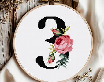 Floral Number 3 Cross Stitch Pattern: Flower Monogram (Digital Download PDF)