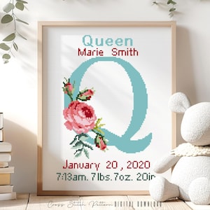 Patrón de punto de cruz para anuncio de nacimiento, decoración de guardería con la letra Q, muestrario de registro de nacimiento personalizado para punto de cruz, regalo para bebé, descarga digital en PDF