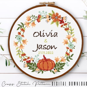 Wedding Cross Stitch Pattern: Personalized Floral Wreath (Digital Download PDF)