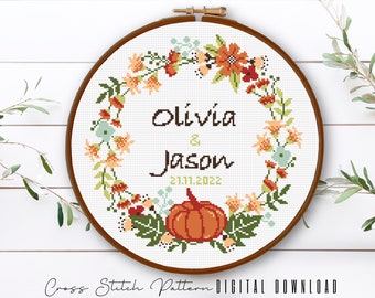 Wedding Cross Stitch Pattern: Personalized Floral Wreath (Digital Download PDF)