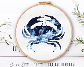 Modern Crab Cross Stitch, Sea Life Cross Stitch Pattern, Ocean Waves Counted Cross Stitch Sampler, Beach Embroidery, Digital Download PDF