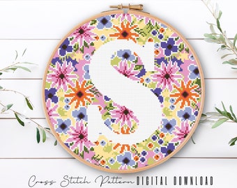 Letter S, Cross Stitch Alphabet Pattern, Modern Monogram, Counted Cross Stitch Sampler, Initial Embroidery, Hoop Art, Digital Download PDF