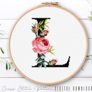 Letra floral L, Patrón de alfabeto de punto de cruz, Monograma con flor, Muestrario de punto de cruz contado, Bordado inicial, Descarga digital PDF