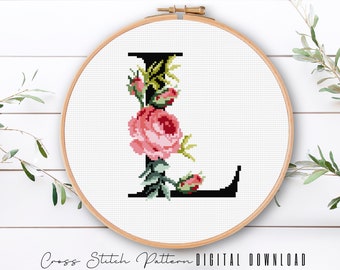 Floral Letter L, Cross Stitch Alphabet Pattern, Monogram With Flower, Counted Cross Stitch Sampler, Initial Embroidery, Digital Download PDF