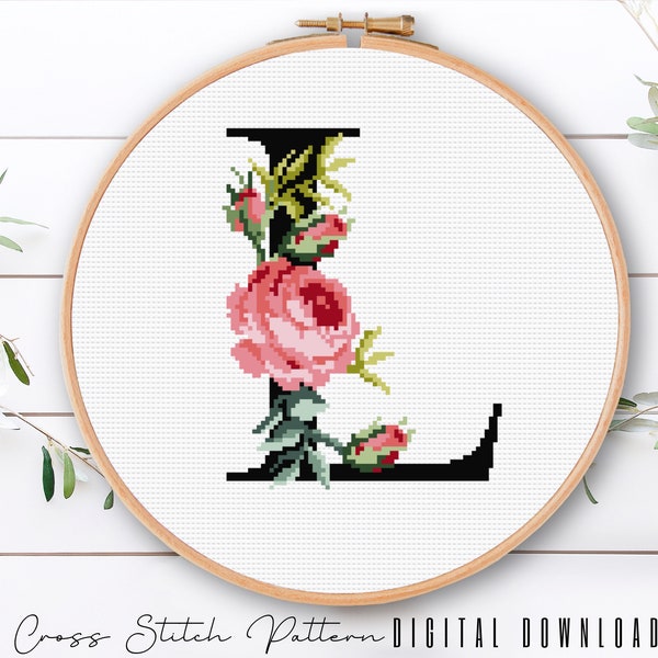 Floral Letter L, Cross Stitch Alphabet Pattern, Monogram With Flower, Counted Cross Stitch Sampler, Initial Embroidery, Digital Download PDF