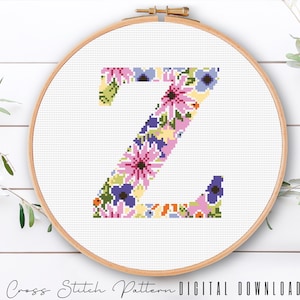 Letra Z, padrão de alfabeto em ponto cruz, monograma moderno, amostrador de ponto cruz contado, bordado inicial, arte em bastidor, download digital PDF