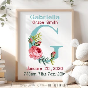 Patrón de punto de cruz para anuncio de nacimiento, decoración de guardería con la letra G, muestrario de registro de nacimiento personalizado para punto de cruz, regalo para bebé, descarga digital en PDF
