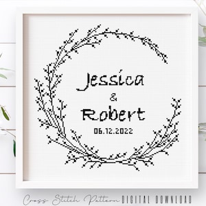 Wedding Modern Cross Stitch Pattern, Personalized Counted Cross Stitch, Wedding Anniversary Sampler, Engagement Gift, Digital Download PDF