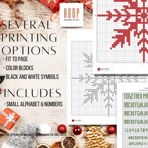 May include: A digital cross stitch pattern for a red snowflake with the text "HOOP MODERN STITCH" and "SEVERAL PRINTING OPTIONS - FIT TO PAGE - COLOR BLOCKS - BLACK AND WHITE SYMBOLS INCLUDES - SMALL ALPHABET & NUMBERS" on the left side of the image. The pattern includes a colour key and a grid with the text "TOGETHER-MARRIED ENG" and the alphabet and numbers.