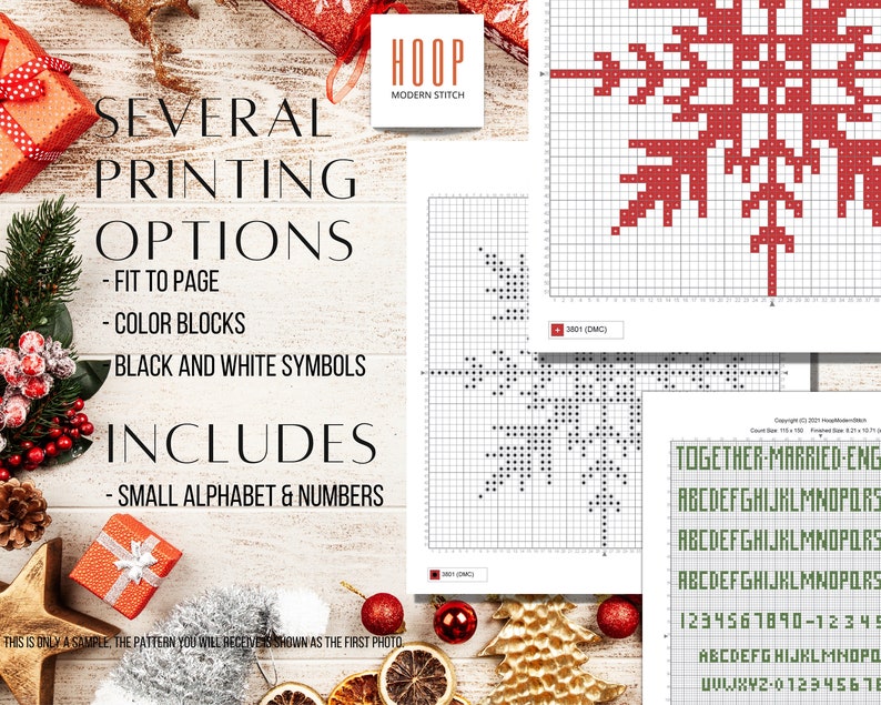 May include: A digital cross stitch pattern for a red snowflake with the text "HOOP MODERN STITCH" and "SEVERAL PRINTING OPTIONS - FIT TO PAGE - COLOR BLOCKS - BLACK AND WHITE SYMBOLS INCLUDES - SMALL ALPHABET & NUMBERS" on the left side of the image. The pattern includes a colour key and a grid with the text "TOGETHER-MARRIED ENG" and the alphabet and numbers.