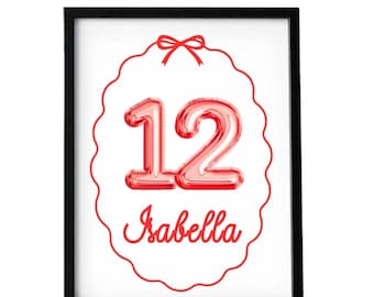 Cornice per fiocco di compleanno personalizzata da scaricare in formato digitale, cartello di compleanno personalizzato con nome ed età, decorazione di compleanno Red Coquette, stampabile