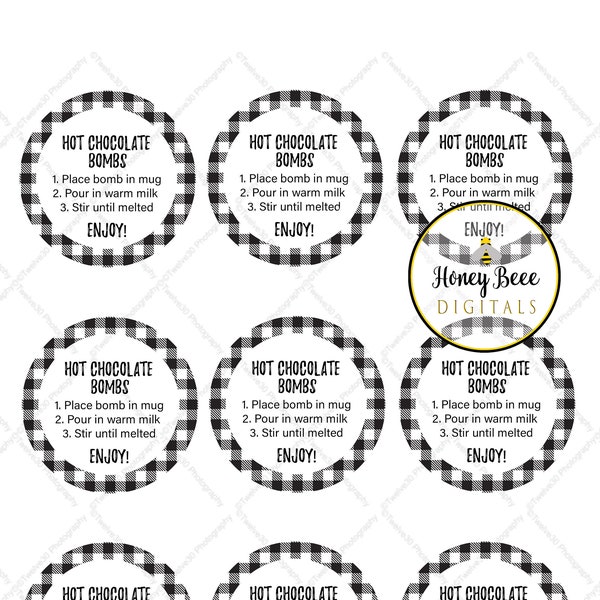 Hot chocolate bombs printable instructions | 2.5 inch circles | digital file | Tags | plaid | instant download