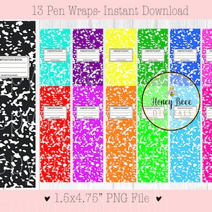 Puede incluir: 13 envoltorios de bolígrafo imprimibles con un diseño de cuaderno de composición en varios colores, incluidos negro, rojo, morado, amarillo, naranja, verde, azul y rosa. Los envoltorios de bolígrafo miden 1,5 pulgadas por 4,75 pulgadas y están en formato PNG.