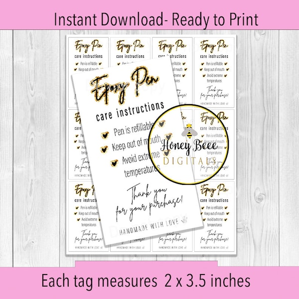 Epoxy pen care instructions digital card | black gold | label  | thank you for your purchase | Instant download | printable | tags