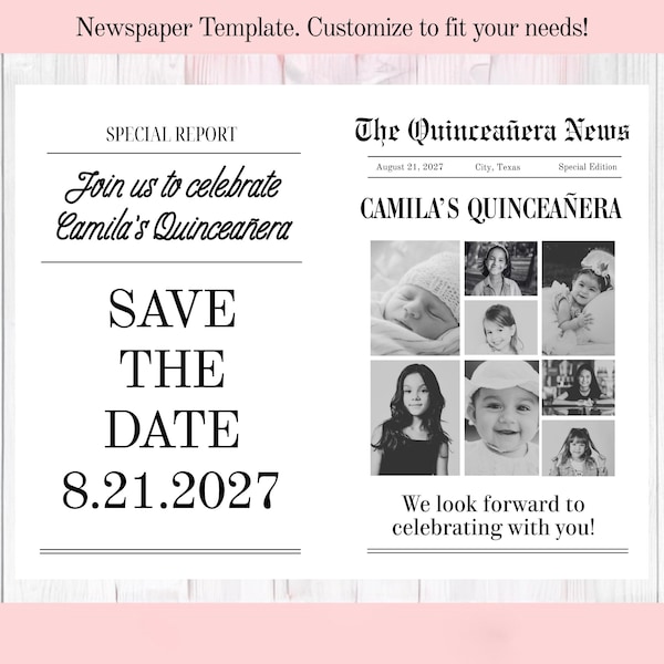 Mall för Quinceañera-tidning | Spara datumet-tidning | Tidning för fotosession | digital mall | bröllop | 15-årsdag