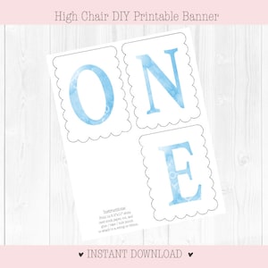May include: Printable banner for a first birthday party. The banner says "ONE" in blue watercolor letters with white outlines. The letters are on a white background with scalloped edges.