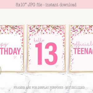 May include: Three printable 8x10 inch signs with pink and gold confetti backgrounds. The signs say "happy birthday", "hello 13", and "official teenager".