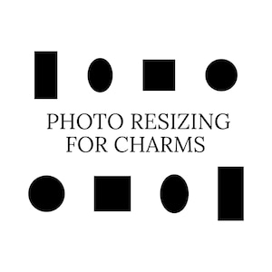 May include: A white background features black geometric shapes: rectangles, squares, and circles. The text "PHOTO RESIZING FOR CHARMS" is displayed centrally beneath the shapes.