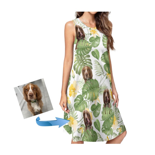 Personalized Upload Photo Hawaiian Dress Custom Hawaiian Womens Skirt with Pets Face, Dog/Cat Lover Gift Clothes
