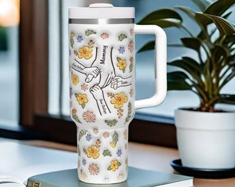 Personalisierter Becher 3D aufgeblasener Effekt Gedruckt 40 Unze Edelstahl Hand in Hand Becher mit Griff - Muttertagsgeschenk für Mama, Nana