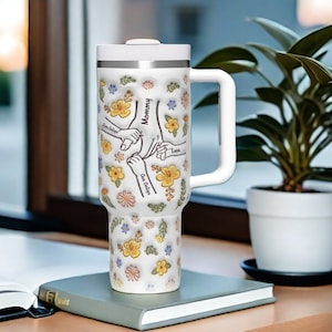 Personalized Tumbler 3D Inflated Effect Printed 40 Oz Stainless Steel Hand in Hand Tumbler With Handle Mother's Day Gift For Mom, Nana image 1