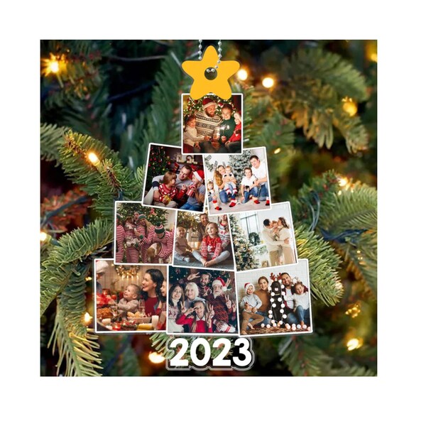 Photo Arbre généalogique Ornement acrylique personnalisé, Joyeux Noël 2023 pour papa maman, Ornement familial