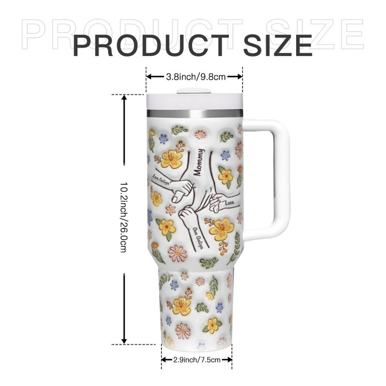 Personalized Tumbler 3D Inflated Effect Printed 40 Oz Stainless Steel Hand in Hand Tumbler With Handle Mother's Day Gift For Mom, Nana image 4