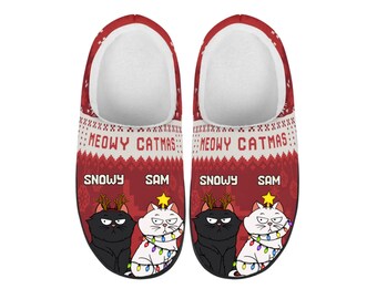 Pets Slippers, Personalized Meowy Catmas Cats Unisex Fluffy Winter Slipper Room Shoes, Cat Lover, Womens/mens Slippers, Christmas Gift