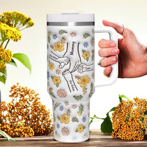 Personalized Tumbler 3D Inflated Effect Printed 40 Oz Stainless Steel Hand in Hand Tumbler With Handle Mother's Day Gift For Mom, Nana image 2