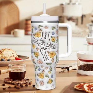 Personalized Tumbler 3D Inflated Effect Printed 40 Oz Stainless Steel Hand in Hand Tumbler With Handle Mother's Day Gift For Mom, Nana image 3