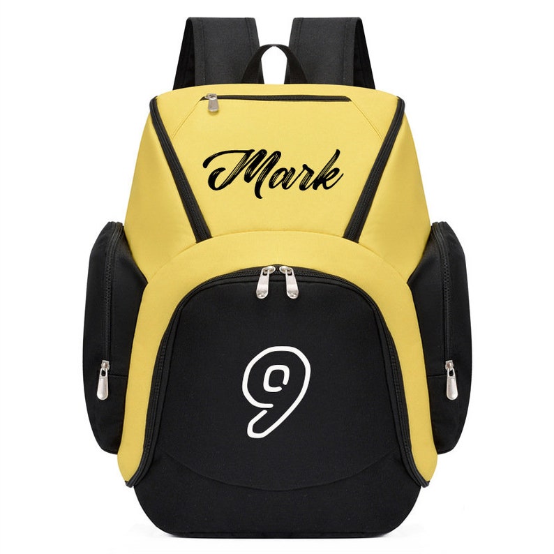 Regalo de mochila de baloncesto, bolsa deportiva personalizada con nombre/número, regalo para niño/niña, Cusotm Back to Schoolbag Amarillo