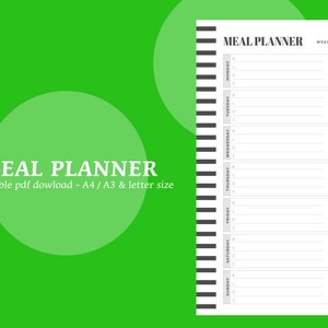 May include: A printable meal planner with a black and white striped border. The planner includes a grocery list and space to plan meals for each day of the week. The text "MEAL PLANNER" is at the top of the page.