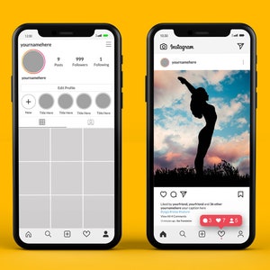 May include: A screenshot of an Instagram profile with 9 posts, 999 followers, and 1 following. The profile picture is a circle with a pink outline. The profile name is "yournamehere". The profile has a grid of nine squares, each with a gray background. The profile also has a button to edit the profile. The second screenshot shows a post with a silhouette of a person doing yoga in front of a cloudy sky. The post has 3 comments, 7 likes, and 5 shares.