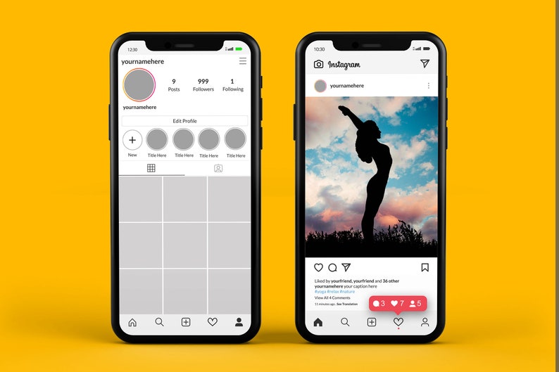 May include: A screenshot of an Instagram profile with 9 posts, 999 followers, and 1 following. The profile picture is a circle with a pink outline. The profile name is "yournamehere". The profile has a grid of nine squares, each with a gray background. The profile also has a button to edit the profile. The second screenshot shows a post with a silhouette of a person doing yoga in front of a cloudy sky. The post has 3 comments, 7 likes, and 5 shares.