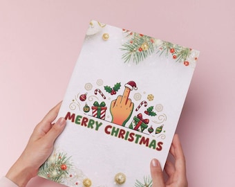下品なクリスマスカード（印刷可能）、中指を立てるクリスマス、大人のユーモア、いたずらサンタ、デジタルダウンロード