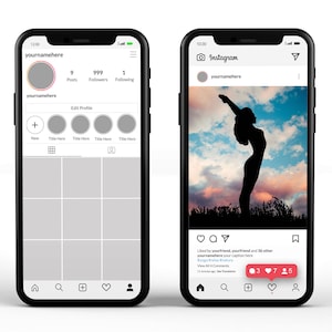 May include: A screenshot of an Instagram profile with 9 posts, 999 followers, and 1 following. The profile picture is a circle with a pink outline. The profile name is "yournamehere". The profile has a grid of 9 images. The profile also has a post with a silhouette of a person doing yoga in front of a cloudy sky. The post has 3 comments, 7 likes, and 5 shares.