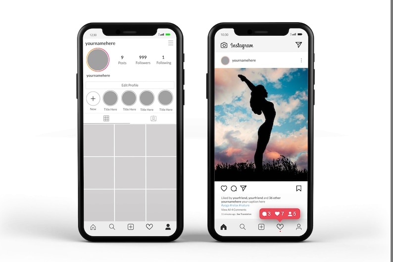 May include: A screenshot of an Instagram profile with 9 posts, 999 followers, and 1 following. The profile picture is a circle with a pink outline. The profile name is "yournamehere". The profile has a grid of 9 images. The profile also has a post with a silhouette of a person doing yoga in front of a cloudy sky. The post has 3 comments, 7 likes, and 5 shares.