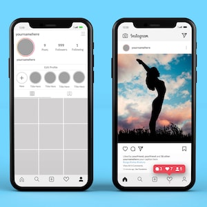 May include: A screenshot of an Instagram profile with a silhouette of a person doing yoga in front of a cloudy sky. The profile has 9 posts, 999 followers, and 1 following. The post has 3 likes, 7 comments, and 5 shares.