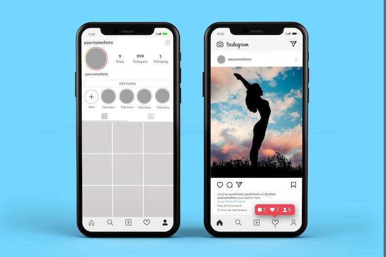 May include: A screenshot of an Instagram profile with a silhouette of a person doing yoga in front of a cloudy sky. The profile has 9 posts, 999 followers, and 1 following. The post has 3 likes, 7 comments, and 5 shares.