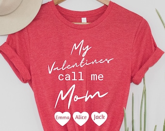 Personalized Mom Valentine's Day Shirt: Kids' Names in Hearts Tee