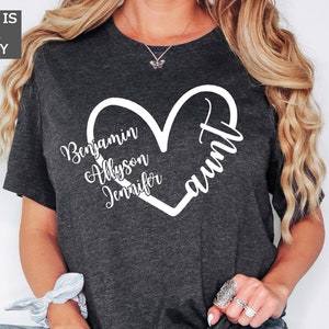 Aunt Custom Gift with Kids&#39; Names, Aunt Heart Shirt with Kids&#39; Names, Aunt Custom Gift from Nephew and Niece, Xmas Aunt Gift