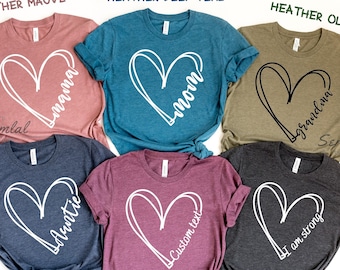 Custom Text Heart Line Shirt, Double Heart Shirt, Your Name Heart Line Shirt, Custom Grandma Shirt, Personalized Mom Shirt, Customized Heart