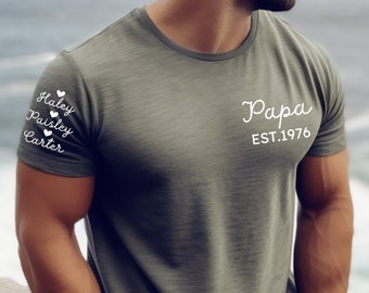 Custom Papa Shirt With Kids Names on the Sleeve, Personalized Papa Gift, Kids Names on Sleeve Papa Shirt, Papa Established Shirt