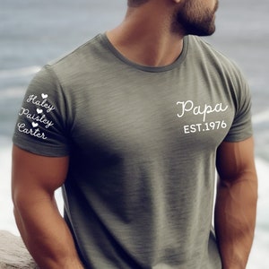 Custom Papa Shirt With Kids Names on the Sleeve, Personalized Papa Gift, Kids Names on Sleeve Papa Shirt, Papa Established Shirt