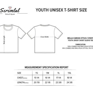 May include: Size chart for youth unisex t-shirts. The chart shows chest and length measurements in inches for sizes YS, YM, YL, and YXL. The t-shirts are made from 100% combed and ring-spun cotton or 90% combed and ring-spun cotton and 10% polyester.